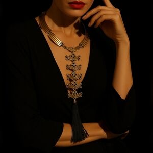 CHICO’S VINTAGE GOLD STATEMENT NECKLACE WITH BLACK TASSEL – RUNWAY TRIBAL GLAM